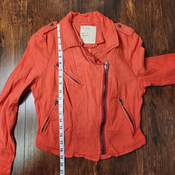 Free People Cropped Linen Blend Jacket - Moto Style ,full zip red orange -Size 4 - Picture 7 of 8